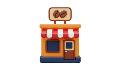 3D Coffee Shop Icon with Bean Sign