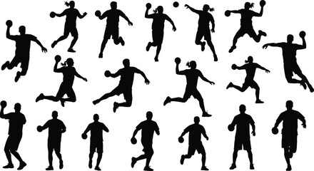 Handball player silhouette set with athletes jumping and throwing ball, team sport action sequence, competition match vector, professional handball icons