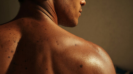 Man's tanned shoulder and neck with visible freckles and moles