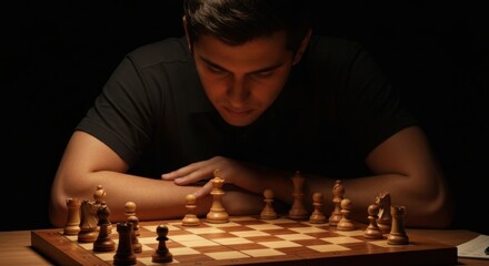 A focused man ponders chess moves under dramatic lighting