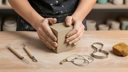 Potter's Hands Shaping Clay Block on Wooden Table with Craft Tools