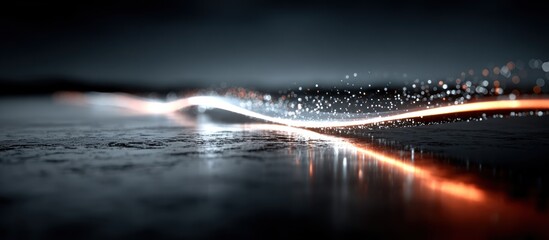 Abstract image of flowing light trails on a reflective, textured surface