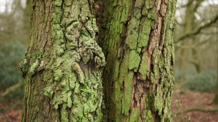 Obraz premium Detailed macro view of rough, gnarled oak tree bark covered in green lichen and moss with deep fissures