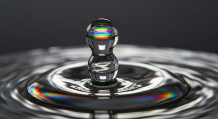 Crystal clear water droplet forms a delicate column above a ripple