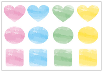 水彩風のハート、丸、四角のベクターセット