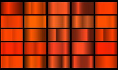 metallic foil texture. Set of color swatches. Collection of high quality vector orange gradients. Shiny metallic background. Design element.