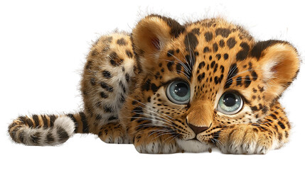 Leopard cub with blue eyes, brown spots looking forward, isolated, against a white background, cutout.