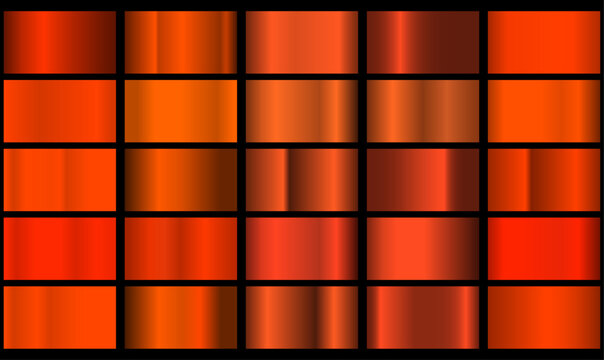 metallic foil texture. Set of color swatches. Collection of high quality vector orange gradients. Shiny metallic background. Design element.