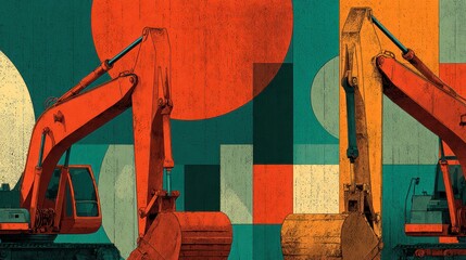 Colorful construction illustration featuring excavators against geometric shapes