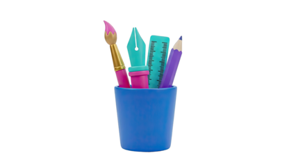 3D Illustration of Art and Drafting Tools in a Blue Cup