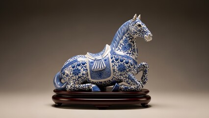 Elegant blue and white porcelain horse statue on dark wooden base