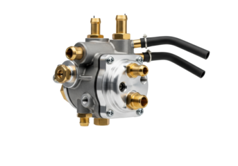 precision-engineered mechanical fuel pump assembly of brushed silver aluminum and polished brass, macro close-up isolated on transparent with deep dof, concept of precision technical engineering