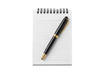 transparent spiral notepad and elegant black/gold fountain pen in a flat lay macro product shot, minimal shadows against a transparent background with copy space, concept of professional