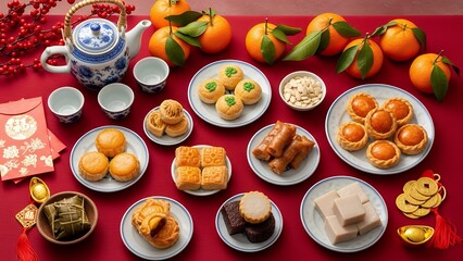 Chinese New Year celebration with traditional food and decorations