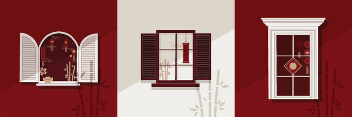 Chinese New Year decorative window facade in flat minimal hand drawn element illustration style set, traditional lanterns, bamboo, and oriental ornaments design. Asian Lunar New Year celebration