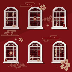 Chinese New Year decorative window facade in flat minimal hand drawn element illustration style set, traditional lanterns, bamboo, and oriental ornaments design. Asian Lunar New Year celebration