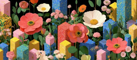 Vibrant flowers bloom amidst colorful, textured geometric shapes on black