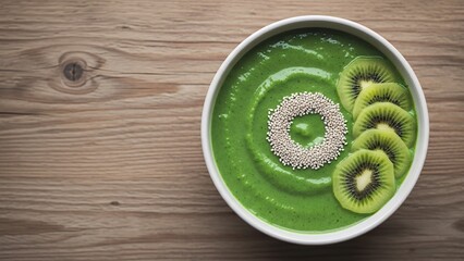 Delicious green smoothie bowl with kiwi and chia seeds on wooden table