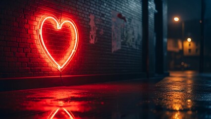 Romantic neon heart sign on a rainy city street at night