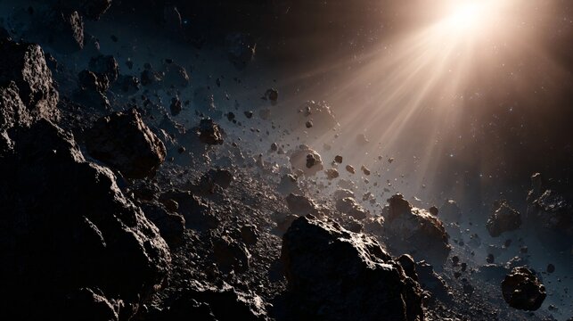 asteroid belt with asteroids floating in space illuminated by sunlight in deep space