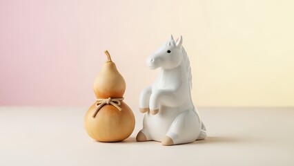 Whimsical white horse figurine with decorative gourd on pastel background