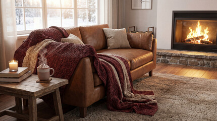 Cozy living room with brown sofa and warm blankets by the fireplace  