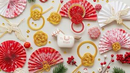 Vibrant Chinese New Year decorations with fans and ornaments