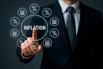 A businessman interacting with an inflation concept on a digital interface