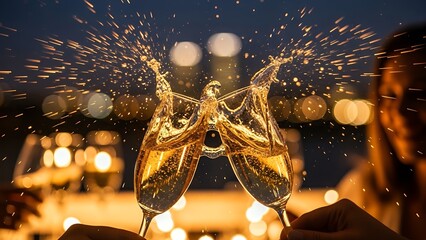 Champagne glasses clinking in celebration with sparkling liquid
