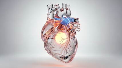 Detailed transparent human heart with glowing yellow ventricle