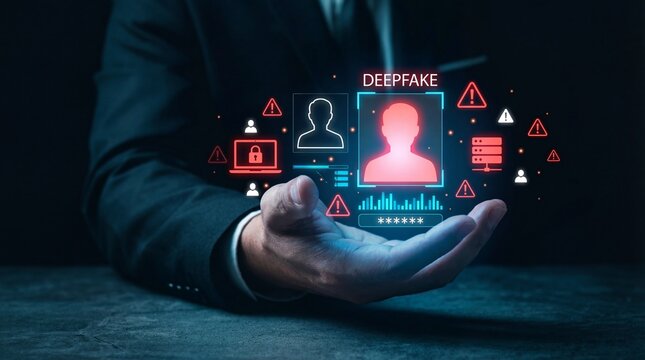 A man s hand holds a glowing digital interface displaying a face and security icons depicting the concept of deepfakes and data manipulation - Powered by Adobe