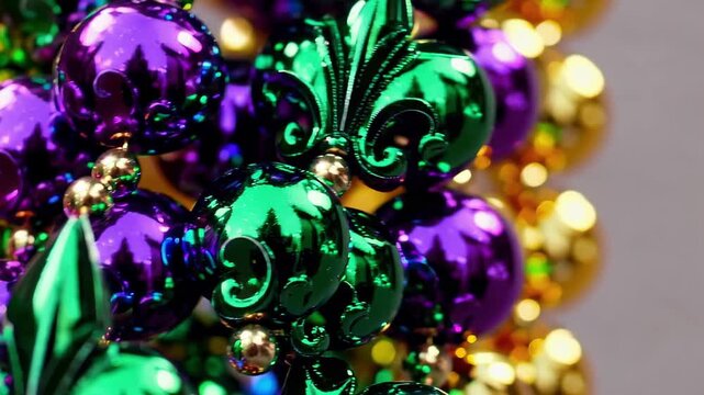 Vibrant mardi gras beads and fleur-de-lis decor with shiny green, purple, and gold colors. concept of festive celebration, new orleans tradition, colorful party atmosphere.