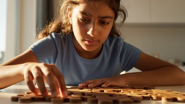 Focused young girl intently putting together a wooden jigsaw puzzle on a table in natural sunlight