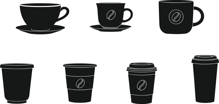 Set of silhouette coffee cup icons and takeaway paper mugs with lids and bean logos for cafe branding and menu design
