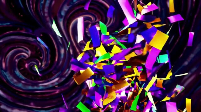 Vibrant mardi gras confetti exploding in spiral background animation. concept of festive celebration, colorful party decor, joyous carnival atmosphere