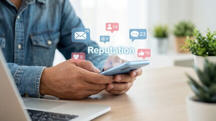 a man is using his smartphone while social media icons float around his hands representing online reputation management high quality professional