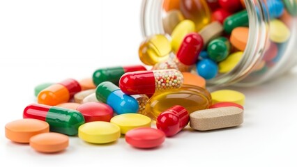 Colorful pills and capsules spilling out of a glass bottle