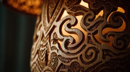 Intricately carved wooden lamp with warm light and detailed patterns