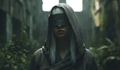 Person with blindfold in hooded attire among overgrown derelict structures