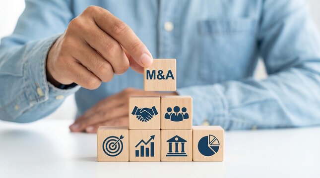 A focused businessman strategically places a wooden block labeled m a atop a tower of blocks representing business concepts and growth