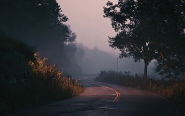Road winding through misty trees at dusk with atmospheric lighting