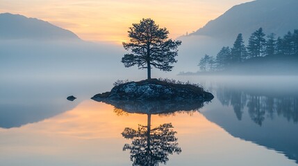 The solitary tree reflects the sunrise on the lake surface