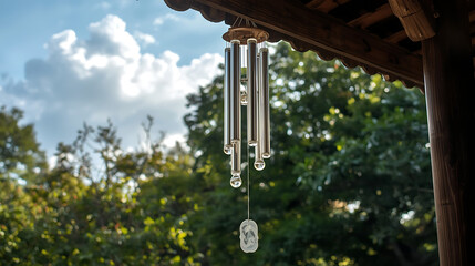 Hanging wind chime in garden