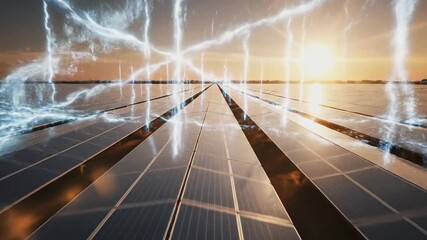 Cinematic aerial drone shot sweeping over a vast solar farm array suggesting global energy and the interconnected digital network fueling mobile media efficiency, data transmission, massive array