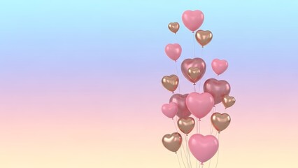 Vibrant heart shaped balloons floating against a pastel rainbow background