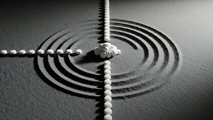 Zen garden tranquility a serene arrangement of smooth stones and raked sand, creating a calming circular pattern for meditation and mindfulness