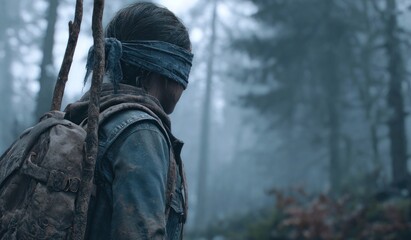 Person with blindfold in forest scene with backpack and walking stick