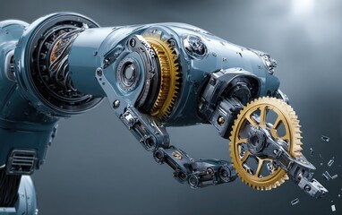 Robotic arm manipulating gear mechanism against a blurred background