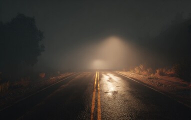 Road at night illuminated by dim light through foggy conditions