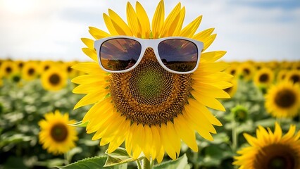 Sunflower with sunglasses in field illustration